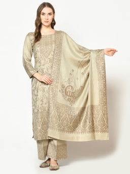 Safaa - Beige Self Design Woollen Unstitched Dress Material (Set of 3)