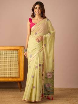InWeave - Women Silk Blend Yellow Printed Saree