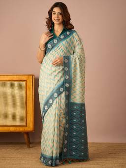 InWeave - Women Silk Blend Off White Printed Saree