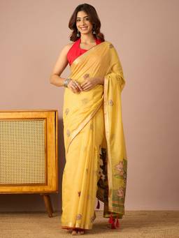 InWeave - Women Silk Blend Yellow Printed Saree