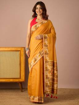 InWeave - Women Silk Blend Mustard Printed Saree