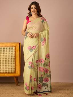 InWeave - Women Silk Blend Green Floral Saree