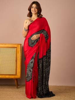 InWeave - Women Silk Blend Red Embroidered Saree