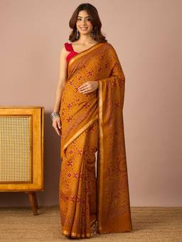 InWeave - Women Viscose Blend Mustard Geometric Saree