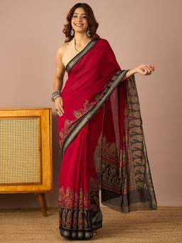InWeave - Women Viscose Blend Red Paisley Saree