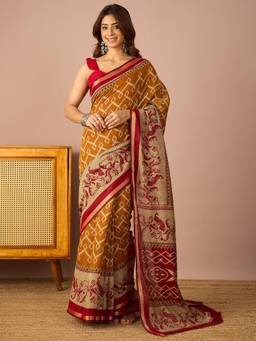 InWeave - Women Silk Blend Mustard Printed Saree