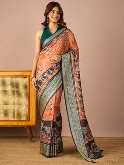 InWeave - Women Silk Blend Peach Printed Saree