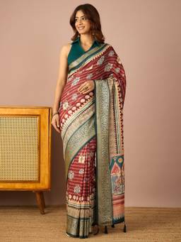 InWeave - Women Silk Blend Maroon Printed Saree