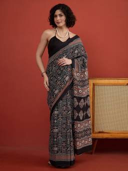 InWeave - Women Cotton Black Printed Saree