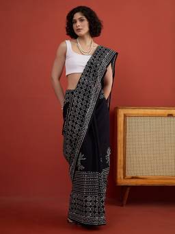 InWeave - Women Cotton Black Printed Saree