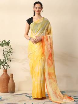 Garden VARELI - Women Yellow Chiffon Abstract Ready To Wear Saree