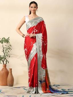 Garden VARELI - Women Red Satin Abstract Ready To Wear Saree