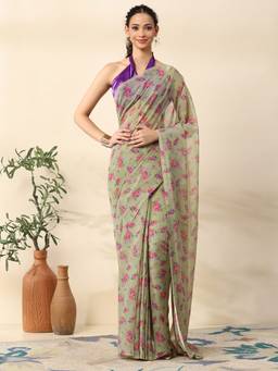 Garden VARELI - Women Green Georgette Floral Printed Ready-To-Wear Saree