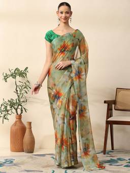 Garden VARELI - Women Green Chiffon Floral Printed Ready To Wear Saree