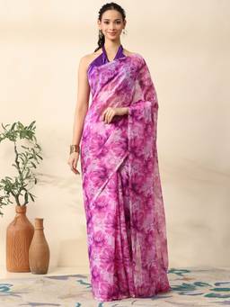 Garden VARELI - Women Magenta Chiffon Floral Printed Ready To Wear Saree