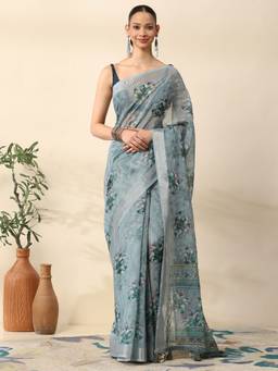 Garden VARELI - Women Blue Chanderi Floral Printed Saree