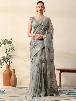 Garden VARELI - Women Grey Chanderi Floral Printed Saree