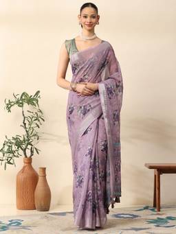 Garden VARELI - Women Lavender Chanderi Floral Printed Saree