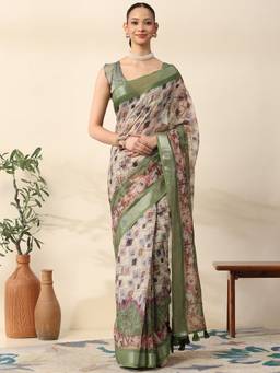 Garden VARELI - Women Beige Chanderi Printed Saree