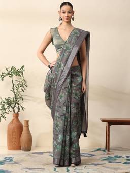 Garden VARELI - Women Grey Chanderi Floral Printed Saree