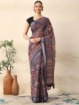 Garden VARELI - Women Grey Chanderi Floral Printed Saree