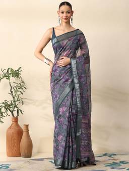 Garden VARELI - Women Grey Chanderi Floral Printed Saree