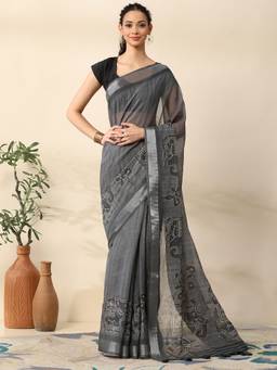 Garden VARELI - Women Grey Chanderi Novelty Printed Saree