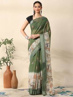 Garden VARELI - Women Green Chanderi Novelty Printed Saree