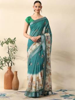 Garden VARELI - Women Teal Chanderi Novelty Printed Saree