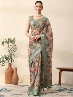 Garden VARELI - Women Beige Chanderi Floral Printed Saree