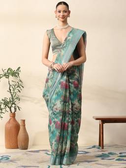 Garden VARELI - Women Green Chanderi Floral Printed Saree
