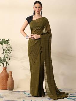Garden VARELI - Women Olive Chiffon Stripes Embellished Saree