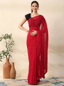 Garden VARELI - Women Red Chiffon Stripes Embellished Saree