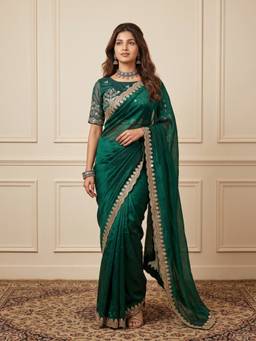 Akhilam - Women Tissue Green Embroidered Designer Saree