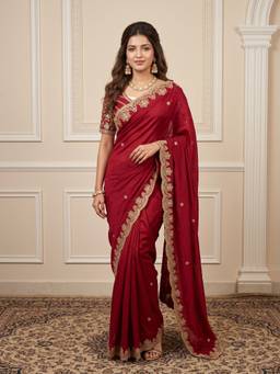 Akhilam - Women Silk Maroon Embroidered Designer Saree