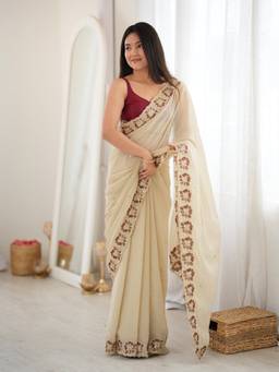 Akhilam - Women Georgette Off White Embroidered Designer Saree