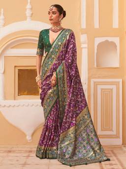Akhilam - Women Silk Blend Purple Woven Designer Handloom Saree
