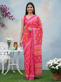Akhilam - Women Crepe Pink Floral Designer Saree