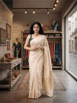 FLOSIVE - Women Silk Ivory Woven Zari Saree