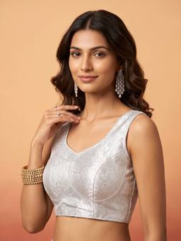 Sareemall - White Silk Blend Jacquard Blouse