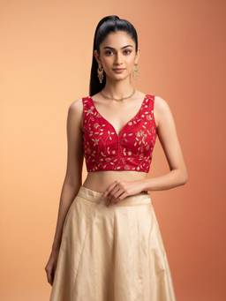 Sareemall - Red Silk Blend Thread Work Blouse