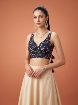 Sareemall - Navy Blue Silk Blend Thread Work Blouse