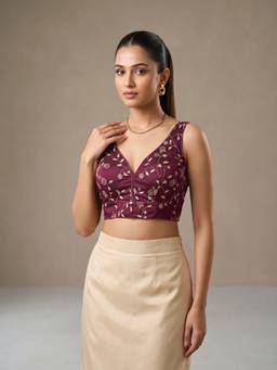Sareemall - Wine Silk Blend Thread Work Blouse