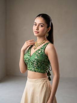 Sareemall - Green Jacquard Floral Design Woven Blouse