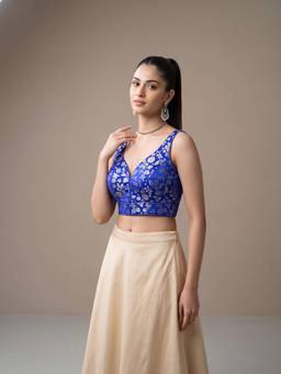 Sareemall - Blue Jacquard Floral Design Woven Blouse