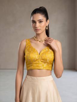Sareemall - Yellow Jacquard Floral Design Woven Blouse
