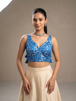 Sareemall - Blue Jacquard Floral Design Woven Blouse