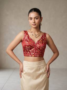Sareemall - Maroon Jacquard Floral Design Woven Blouse