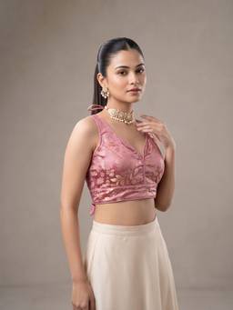 Sareemall - Pink Jacquard Floral Design Woven Blouse