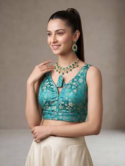 Sareemall - Turquoise Jacquard Floral Design Woven Blouse